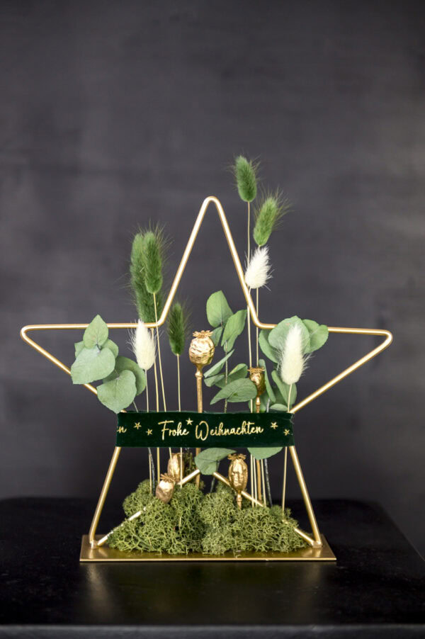 Metallstern mit Trockenblumen "green xmas - golden star"
