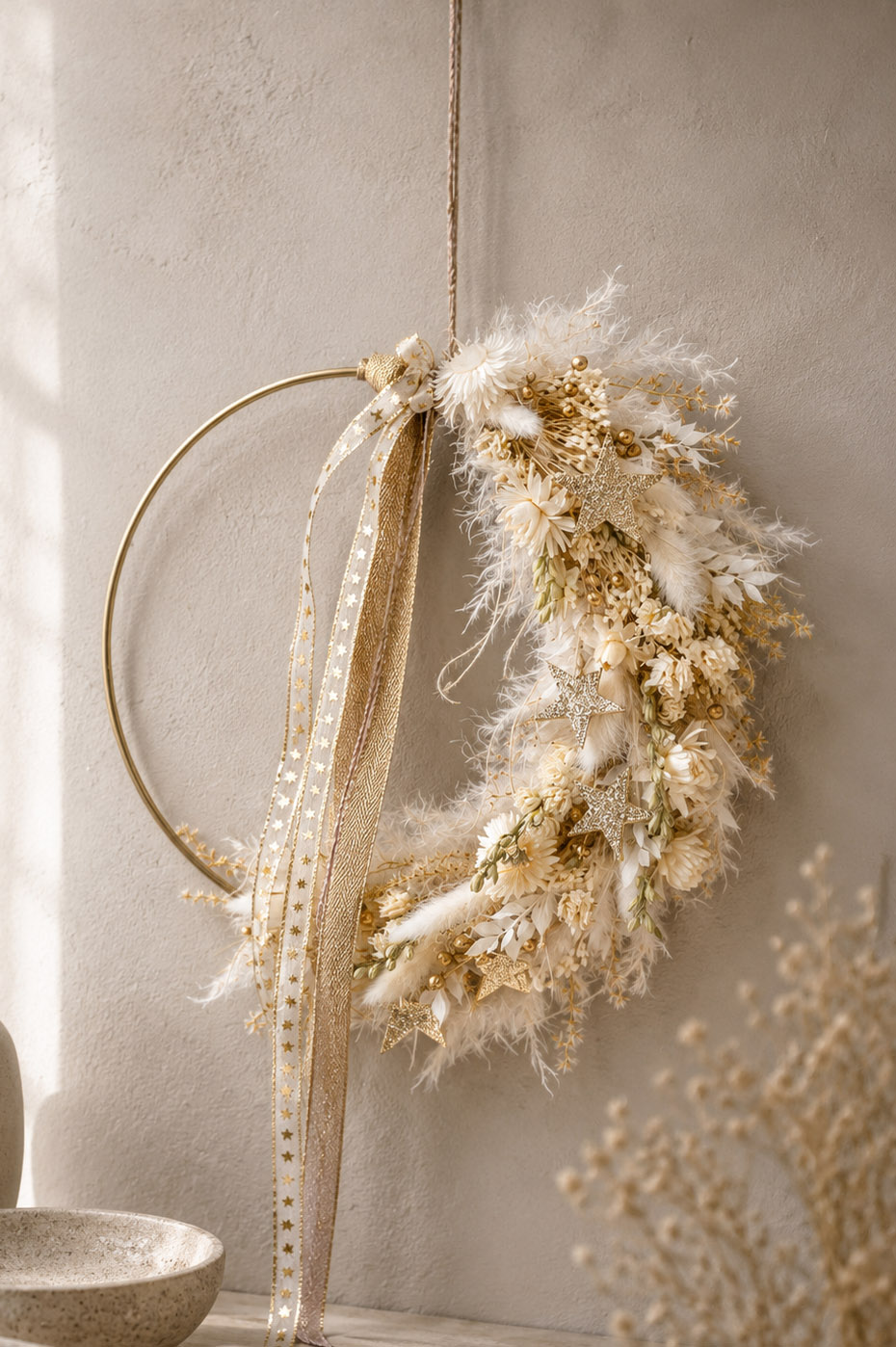 Trockenblumen - Trockenblumenstrauß - Pampasgras - Türkranz / Flower Hoop „gold'n dream xmas“
